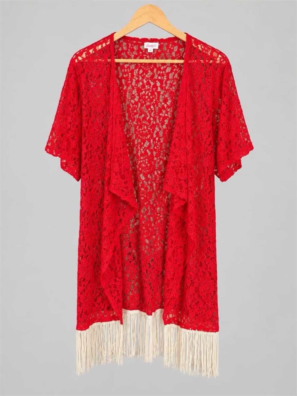 LuLaRoe Red Lace Fringe Open-Front Kimono - S